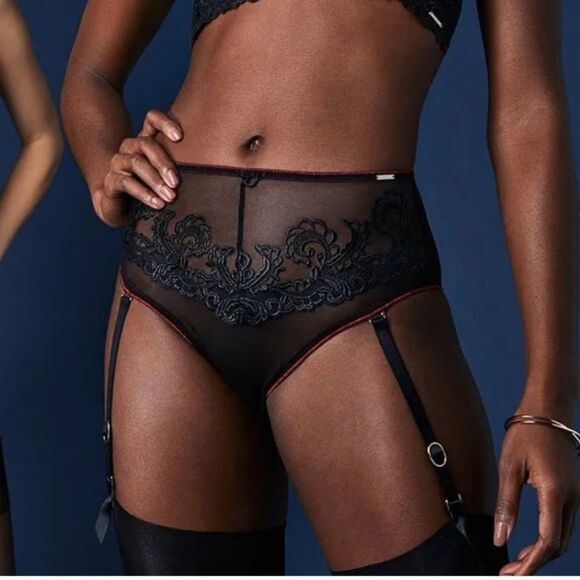 BLUEBELLA Mara High Waist Suspender Brief mesh Floral Appliqué Garter Black S - Picture 8 of 11
